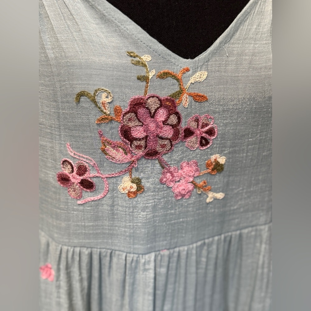 Hope Springs Floral‎ Embroidered Blue Dress Medium Boho Chic! Cottagecore - Picture 2 of 9